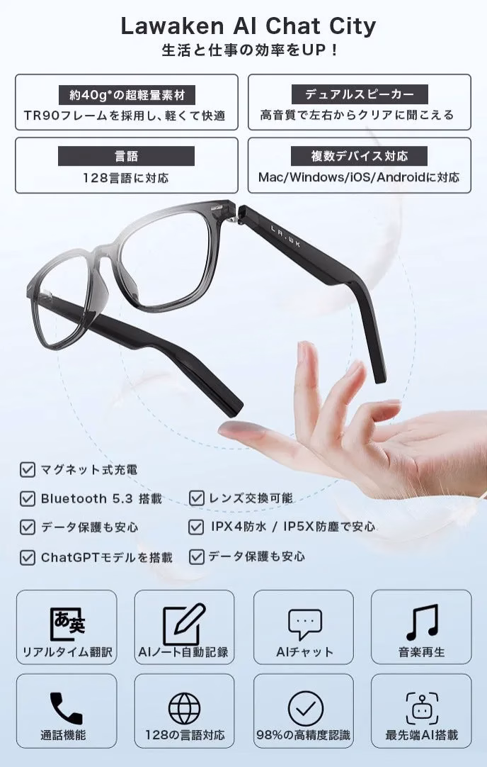AIチャットシティをテーマにしたスマートグラスの製品紹介画像。軽量素材、多言語対応、デュアルスピーカー、複数デバイス対応などの特徴が記載されています。