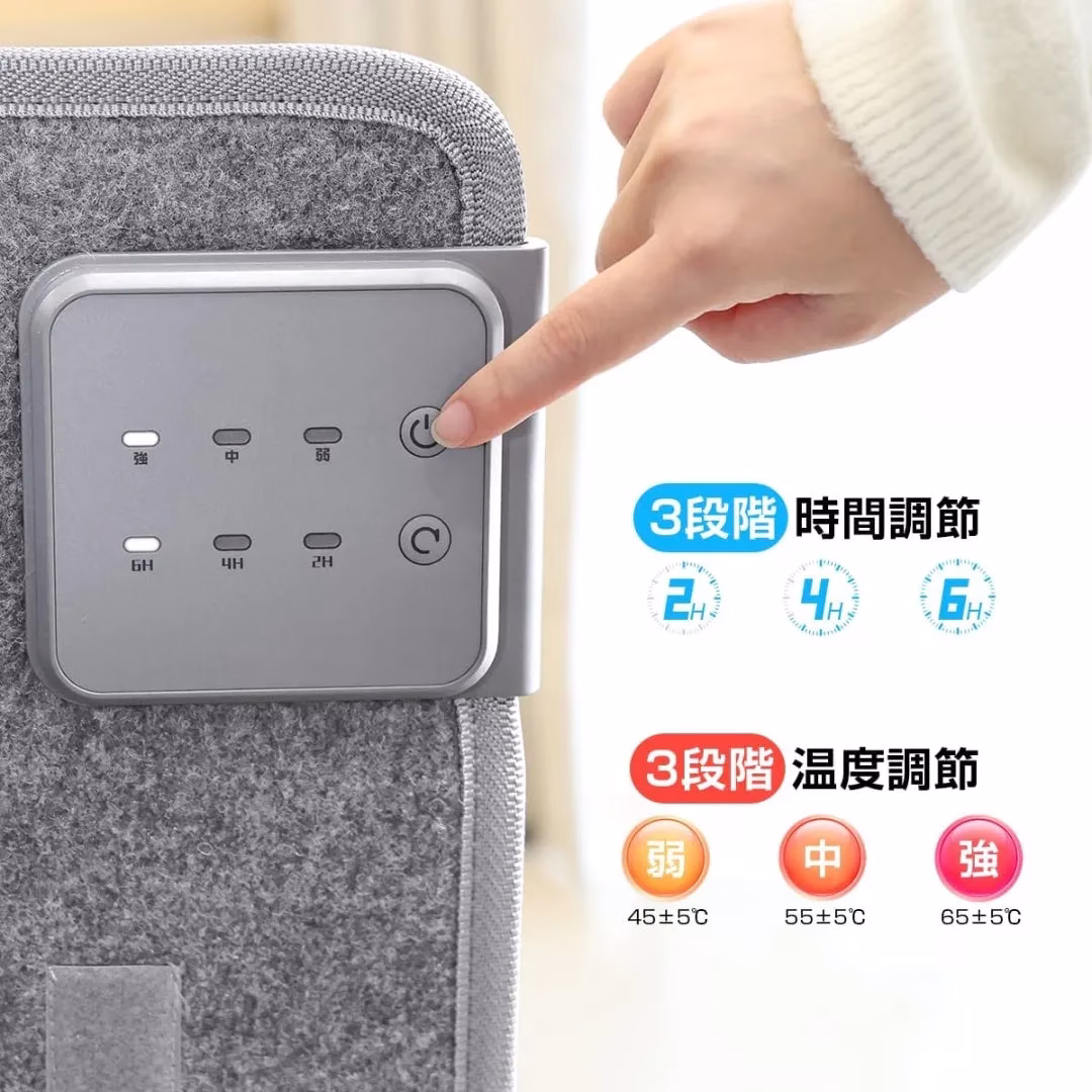 製品のコントロールパネルと、時間と温度の調節に関する情報を表示した画像です。パネルには電源ボタン、時間設定ボタン、温度設定ボタンがあり、それぞれ3段階で調節できます。時間設定は2H、4H、6Hで、温度設定は弱（45±5℃）、中（55±5℃）、強（65±5℃）で調整可能です。