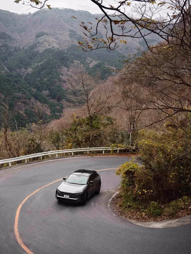 晩秋の山道を走るグレーの車が写っています。曲がりくねった道路にはガードレールがあり、周囲は木々が生い茂る山々が広がっています。ドライブの風景を捉えた一枚です。