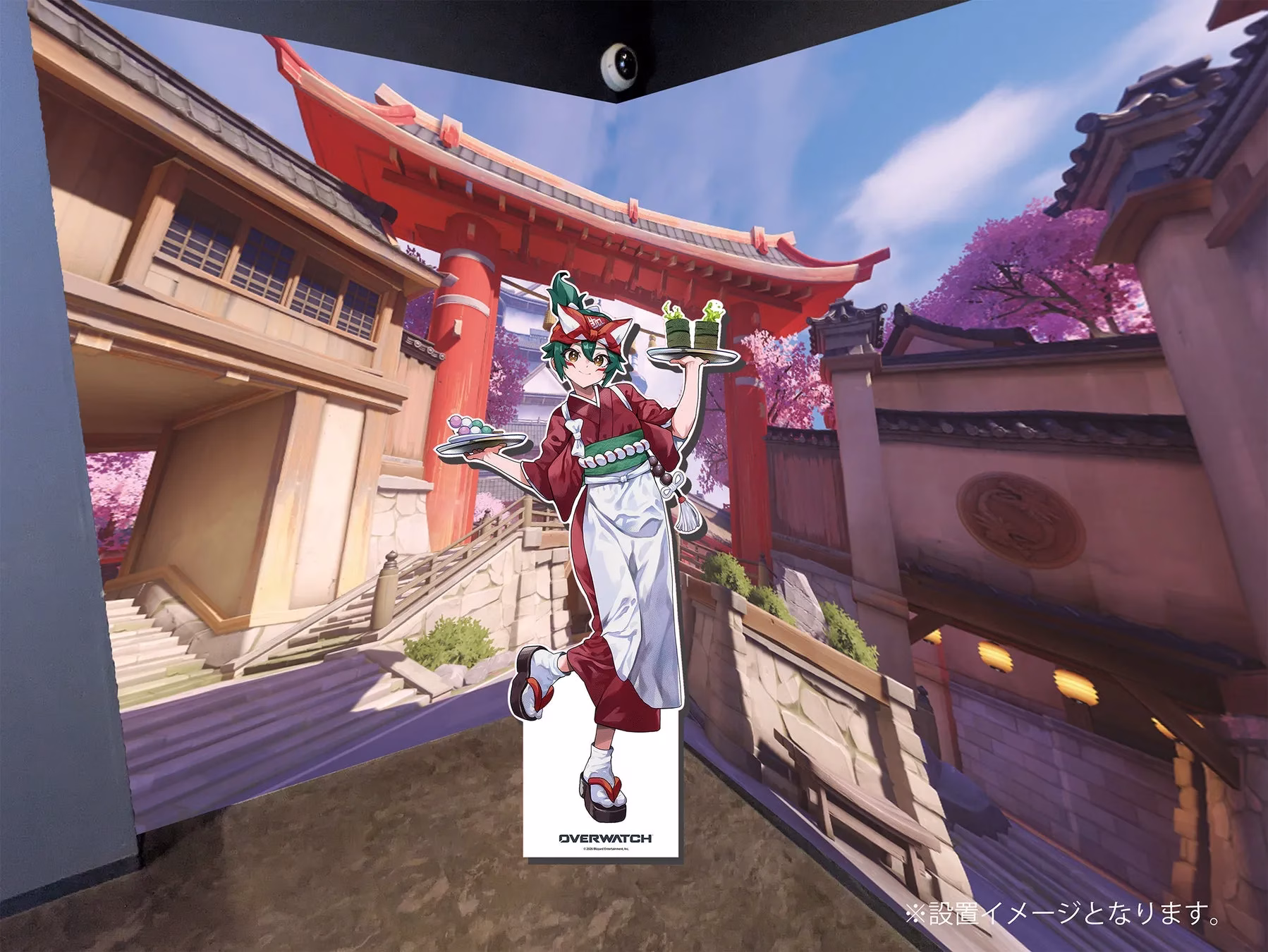 オーバーウォッチのキャラクターが、日本の風景の中で料理を運んでいるイラストです。