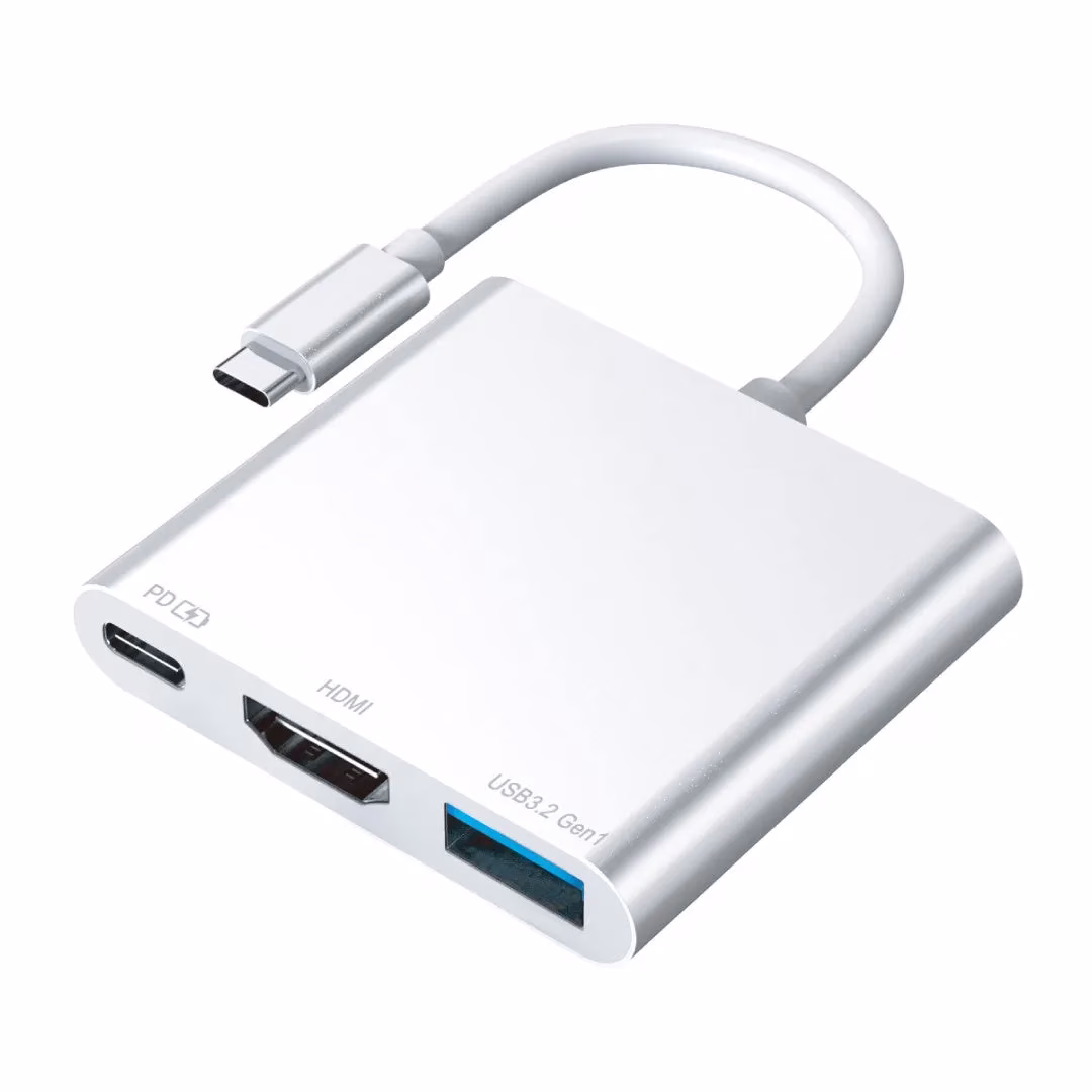 白くてスタイリッシュなUSB Type-Cハブの画像。 HDMIポート、USB 3.2 Gen 1ポート、およびPDポートが備わっています。