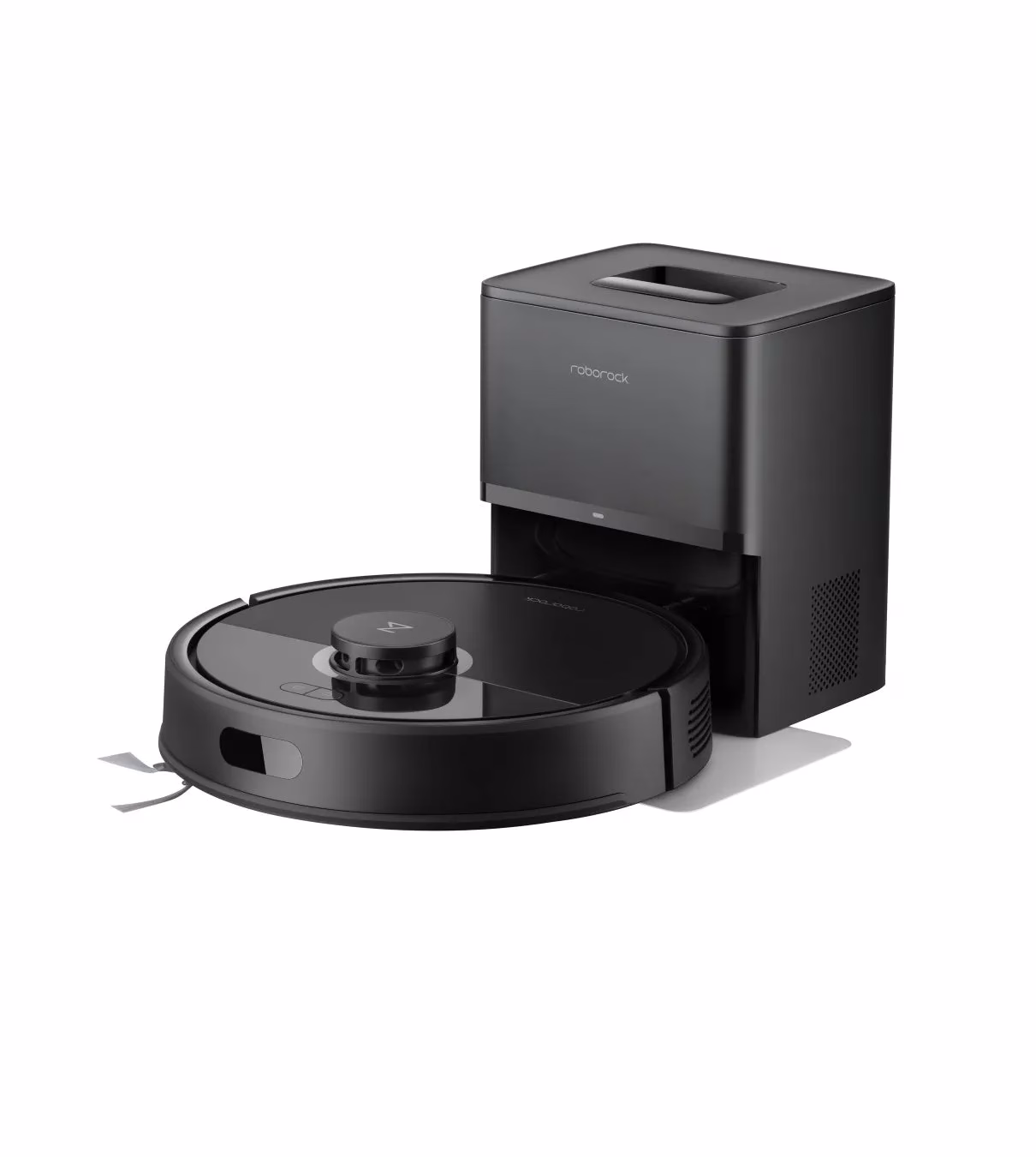 黒いロボット掃除機と充電ドックの画像です。