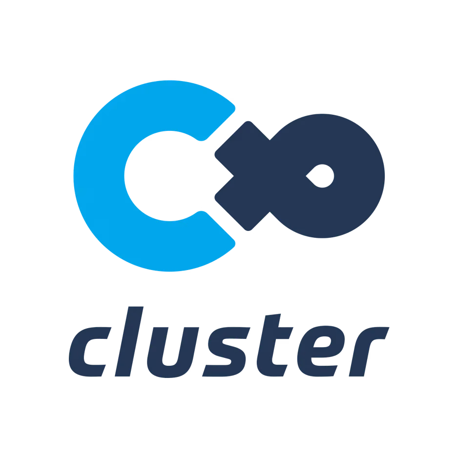 青と紺色の図形とテキスト「cluster」が配置された画像。