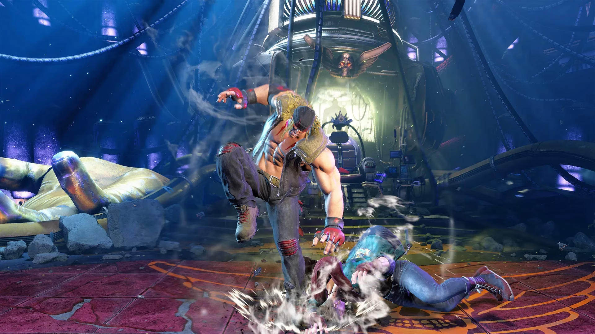 格闘ゲームのシーン。男性キャラクターが相手に攻撃を仕掛けている様子