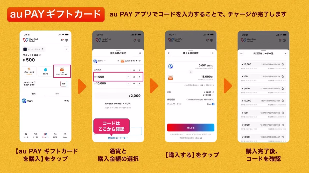 au PAY ギフトカード au PAY アプリでコードを入力することで、チャージが完了します