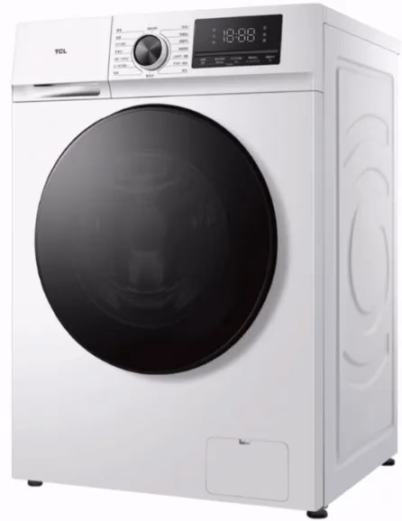 白いTCLの洗濯機の写真です。洗濯機の前面には大きな黒い円形のドアがあり、上部には操作パネルとデジタルディスプレイがあります。