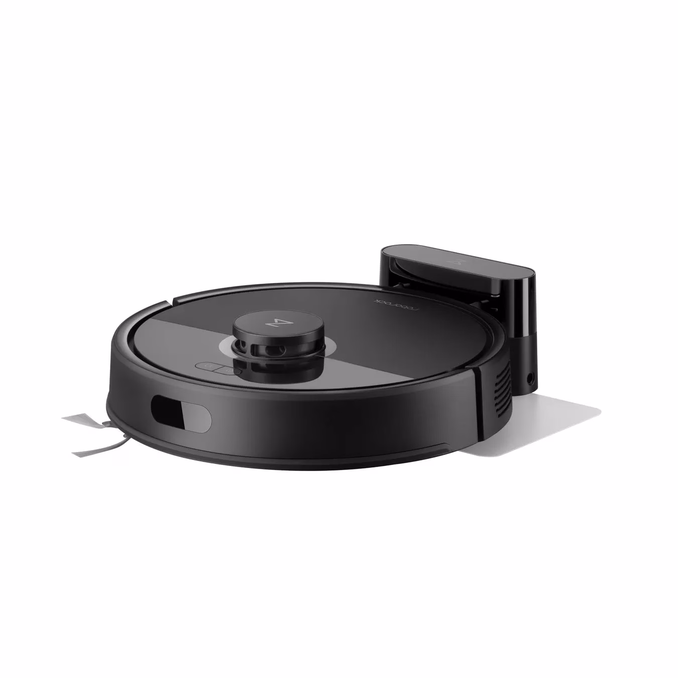 黒色のロボット掃除機が白背景に置かれています。