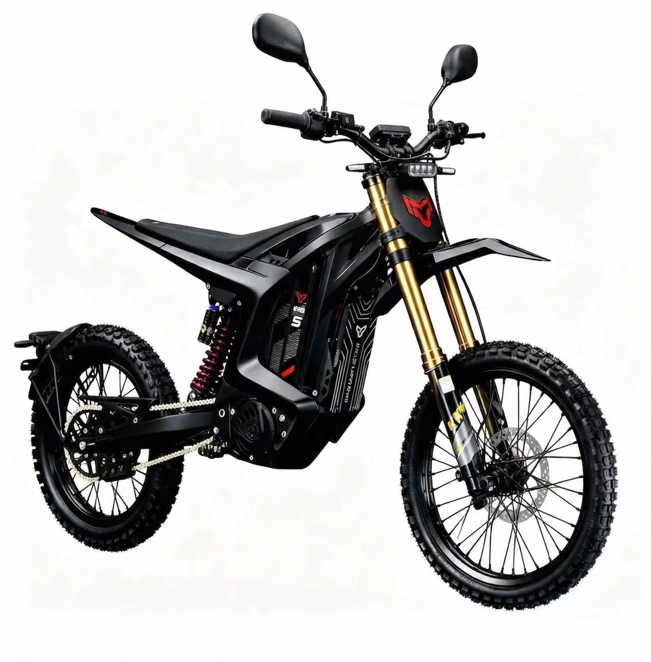 黒い電動バイクの画像です。金色のサスペンションフォークとオフロードタイヤが特徴です。バイクには、SVのロゴとV69の文字が見えます。