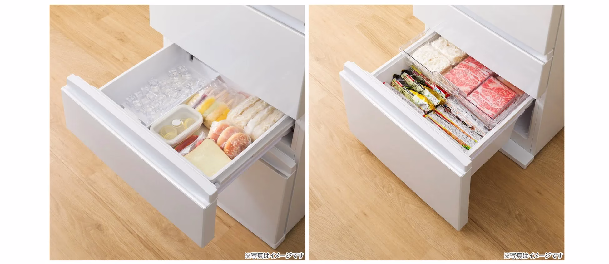 冷凍庫の引き出しの中に、冷凍された食品が整理されて収納されている様子を写した写真です。