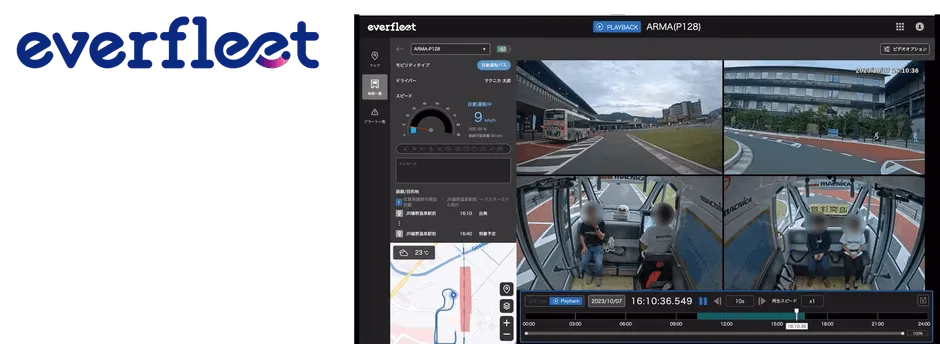 everfleetシステムのデジタルダッシュボードが表示されており、自動運転バスの運行状況を監視しています。