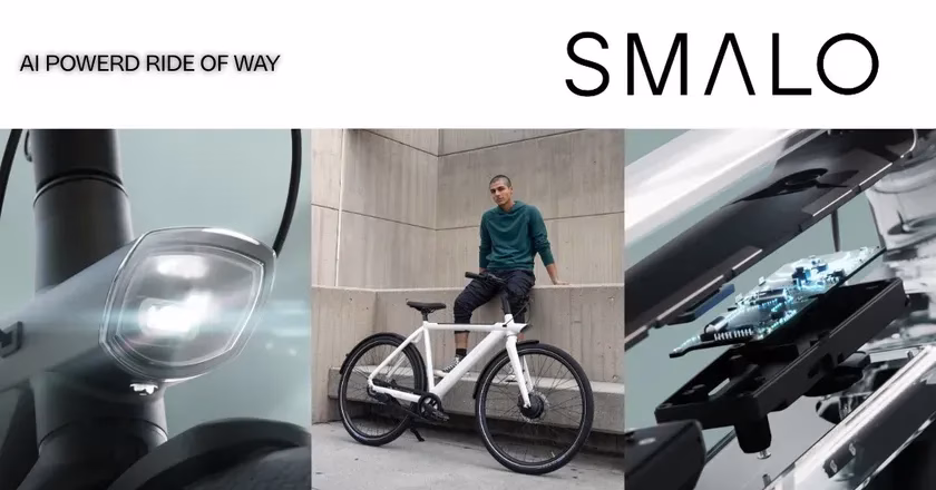SMALOの電動自転車の広告です。男性が自転車に座っている写真、自転車のライトのクローズアップ、自転車の内部コンポーネントの図解が含まれています。