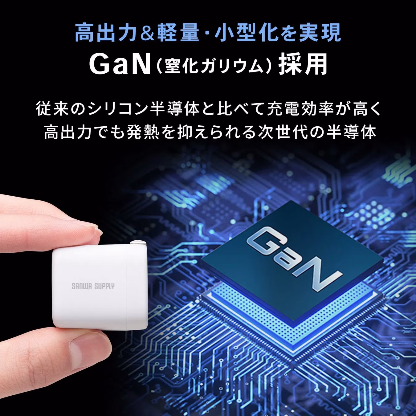 GaN（窒化ガリウム）を採用した小型で高出力の充電器のイメージ図。充電器本体とGaNチップ、回路図が描かれている。