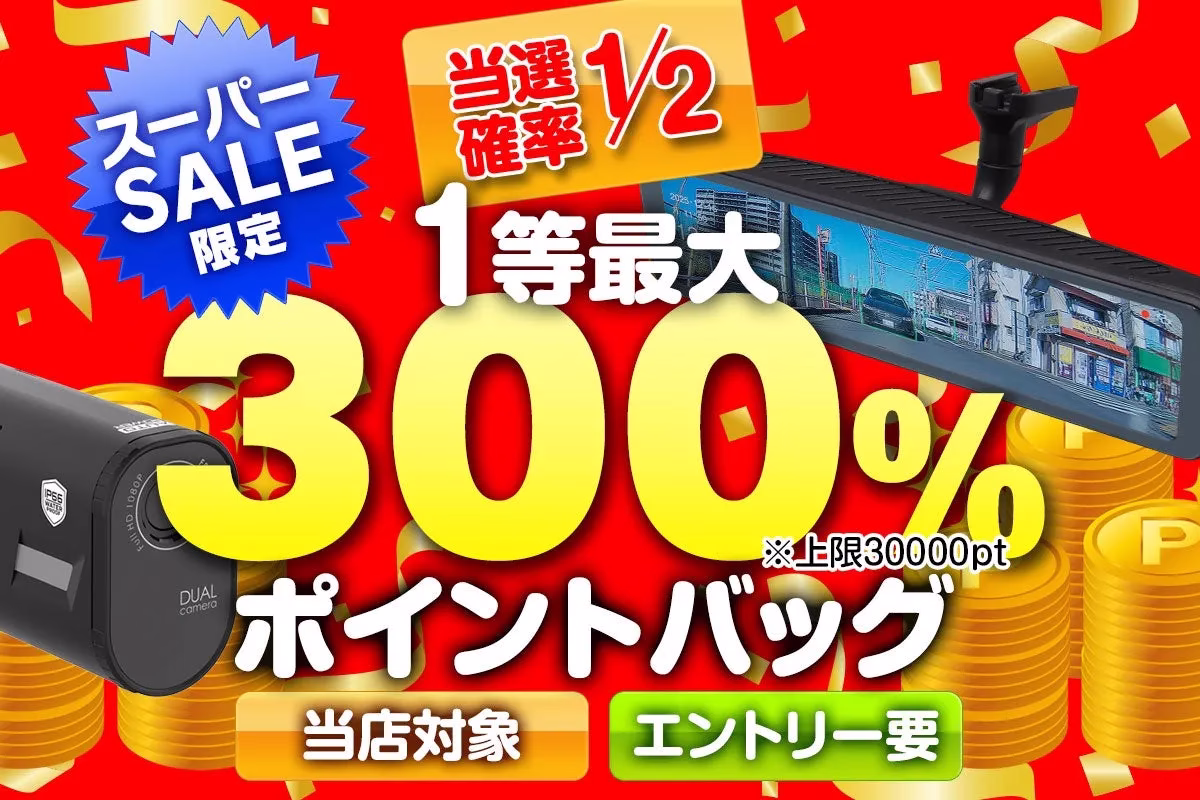 スーパーセール、最大300%ポイントバックのキャンペーン告知画像です。ドライブレコーダーやポイントバックの文字、当選確率1/2の記載があります。