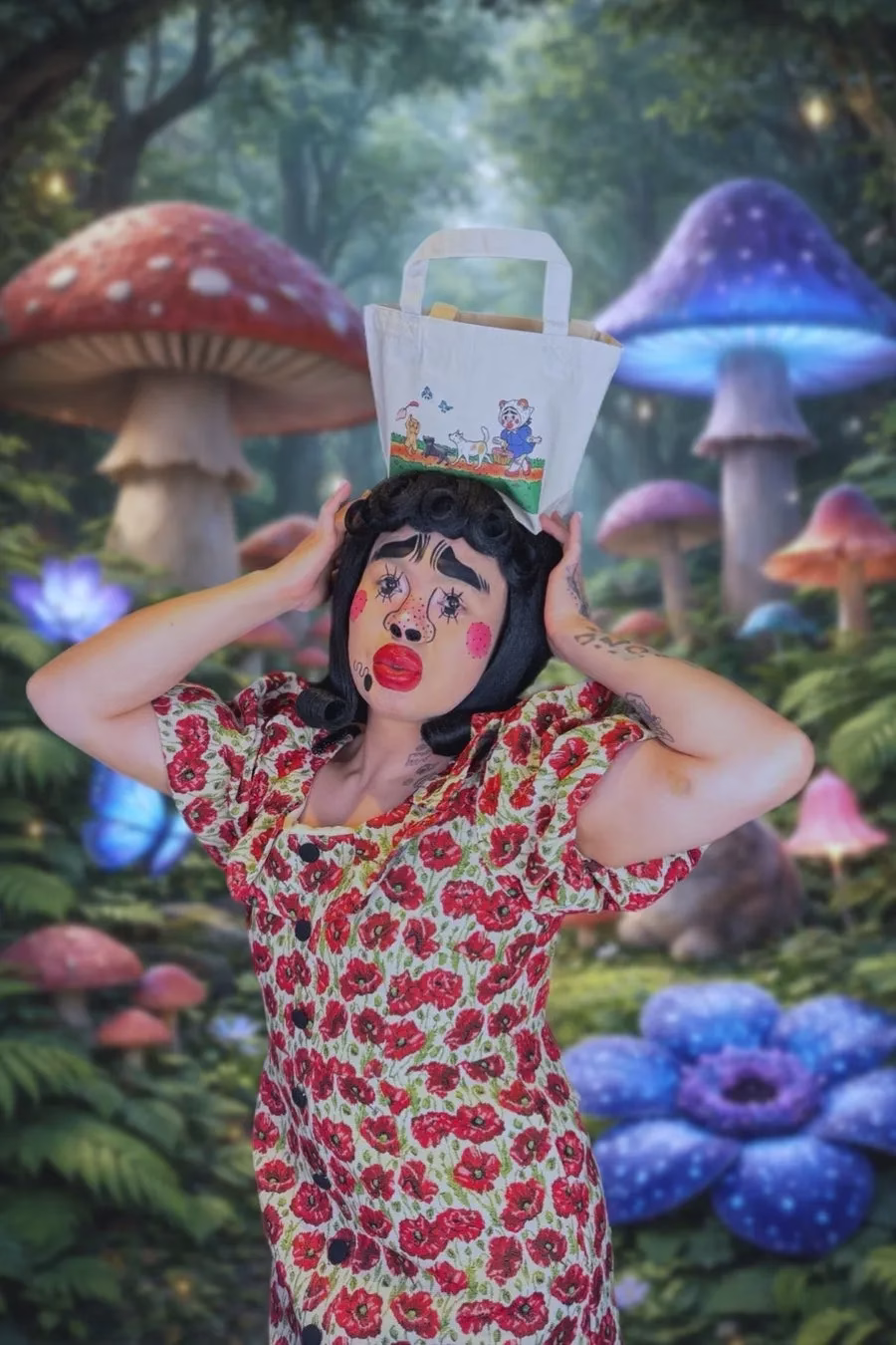 女性が奇抜なメイクをし、頭にバッグを乗せて、不思議な森を背景にポーズをとっている画像。バッグにはイラストが描かれており、背景には巨大なキノコや青い花が配置されている。