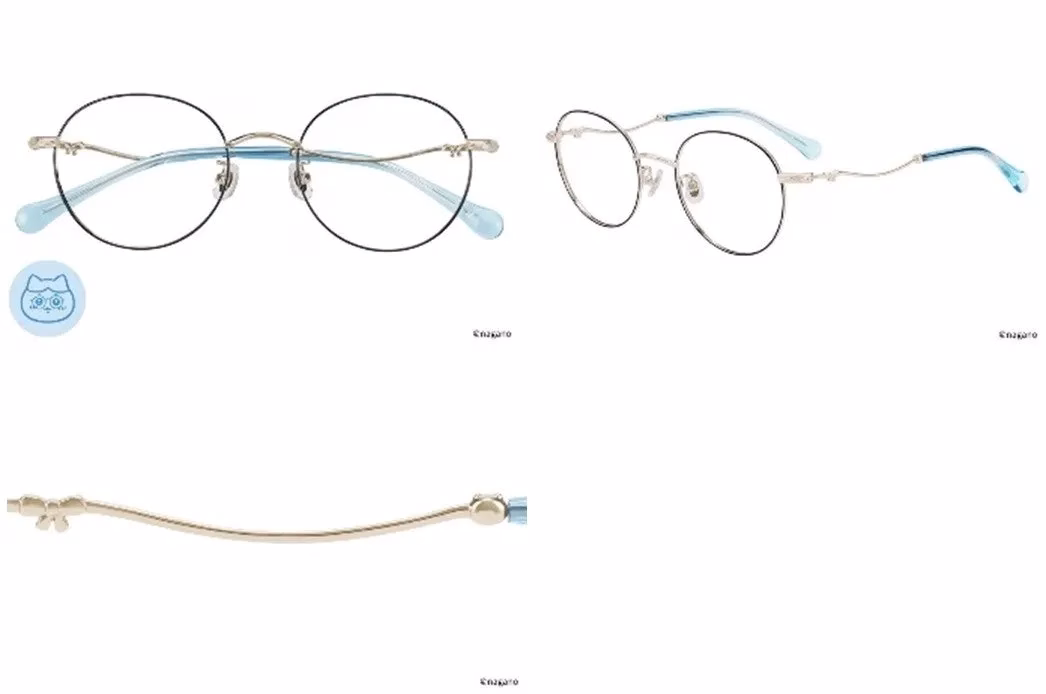 金色フレームと水色のテンプルが特徴的な丸眼鏡