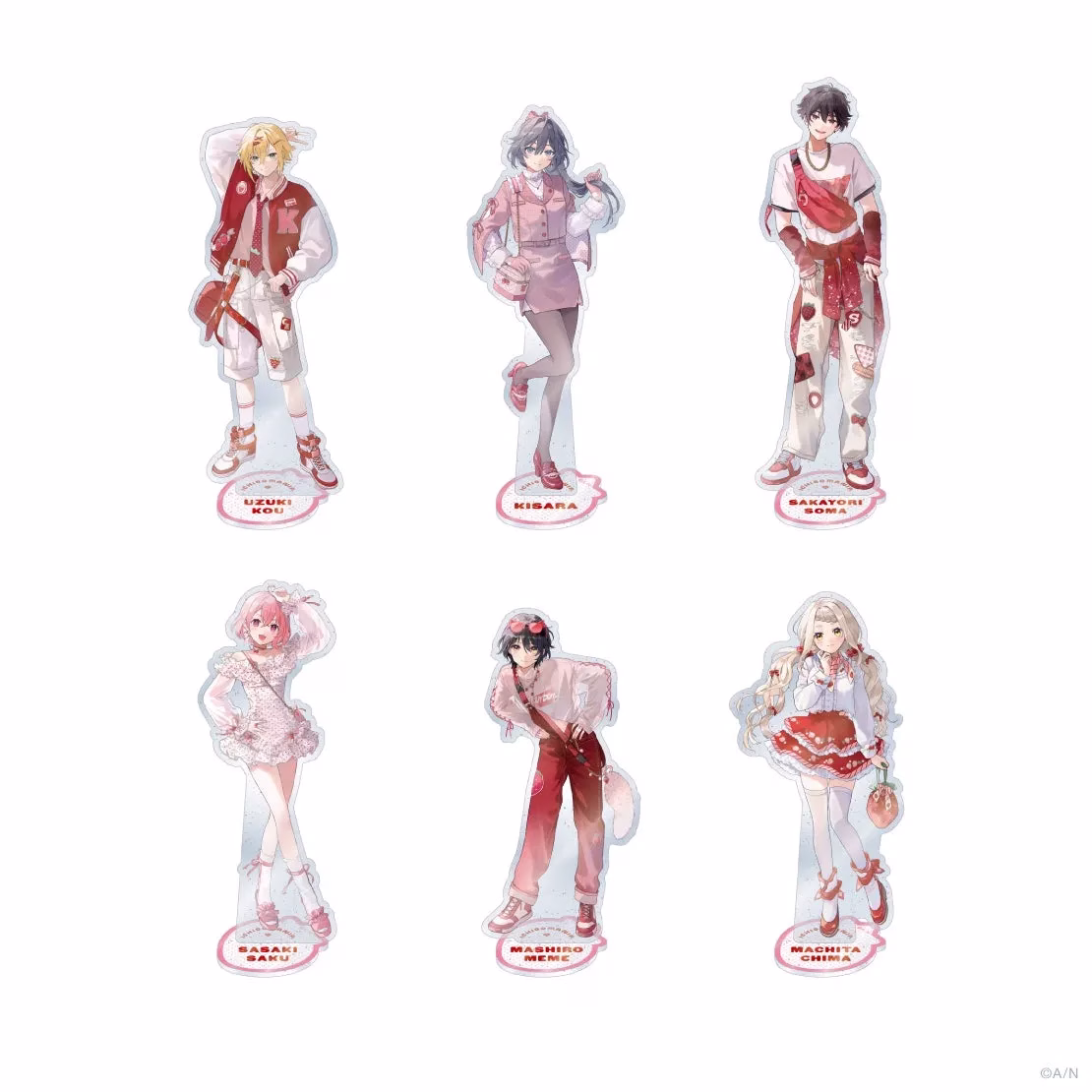キャラクターのイラストが描かれたアクリルスタンドの画像です。6人のキャラクターがそれぞれ異なる服装とポーズで描かれています。