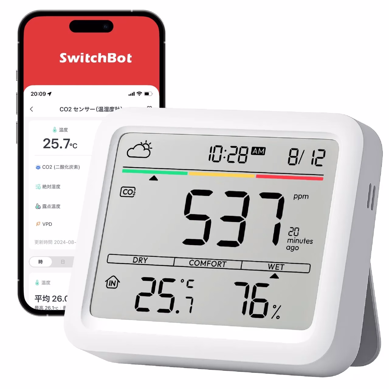 SwitchBotのCO2センサーとスマホアプリの画面を映した画像。CO2濃度、温度、湿度が表示されている。
