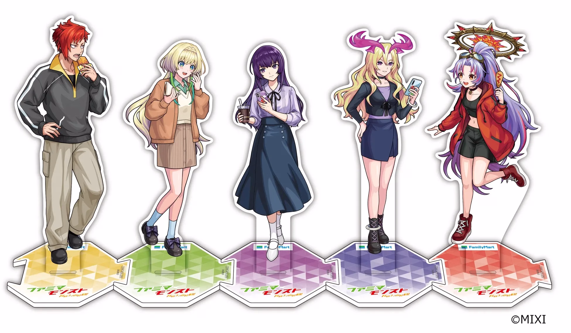 ファミリーマートとモンスターストライクのコラボグッズのアクリルスタンドです。5人のキャラクターがそれぞれ異なるポーズで描かれています。