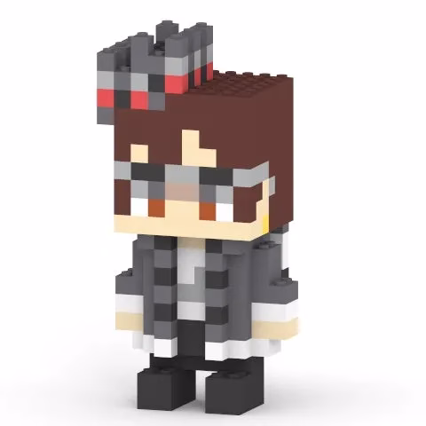 ブロックで作られたアニメキャラクター。茶色の髪、メガネ、グレーのジャケットを着ており、笑顔で立っている