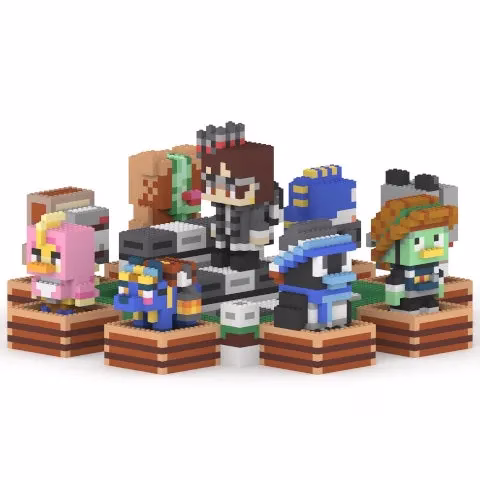 ブロックで作られた様々なキャラクターのフィギュアが並んでいる様子を描いた画像です。