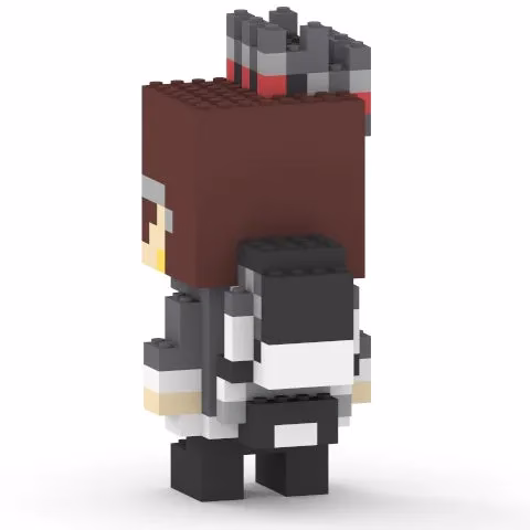 ブロックで作られたキャラクターの側面図。茶色の髪と灰色の服を着ており、バックパックを背負っている