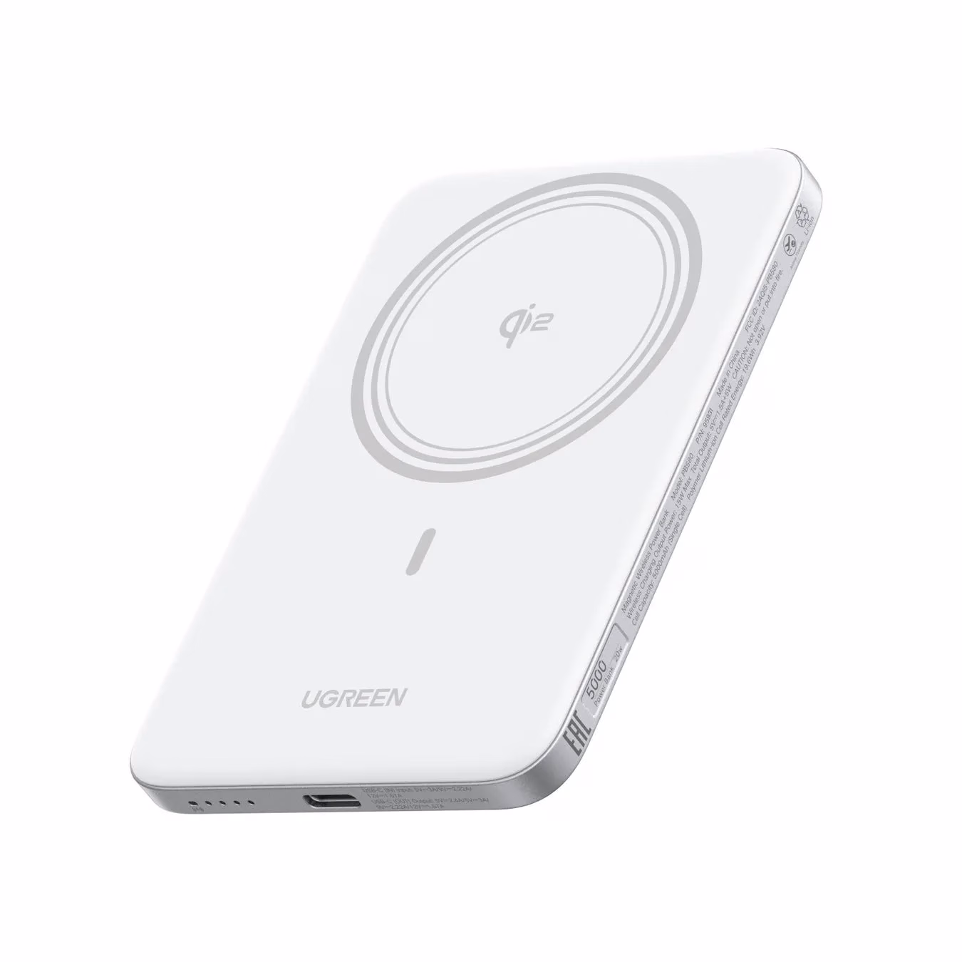 白を基調としたUgreen製のワイヤレス充電器の画像。充電器の上面にはQiのロゴと充電パッドのデザインが施され、側面にはUSBポートと電源ボタンが見える。製品の型番や仕様に関するテキストも表示されている。