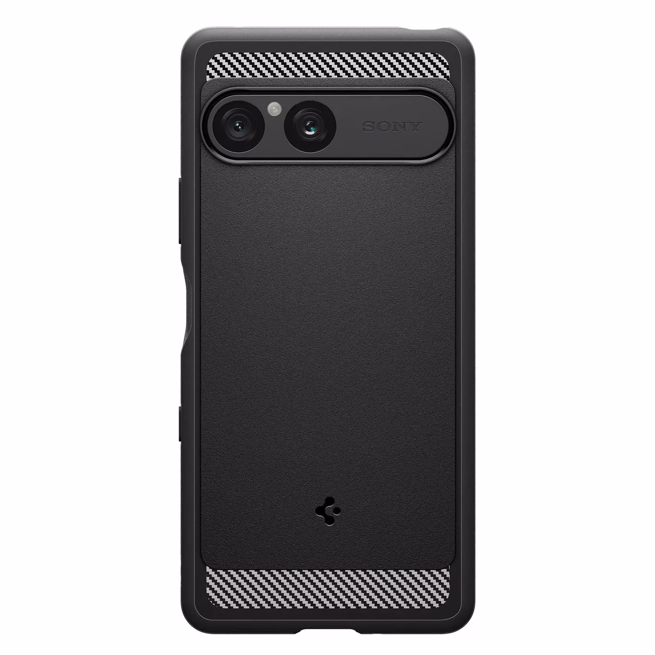 黒いスマートフォンケース。カメラレンズが2つあり、SONYのロゴが入っている。