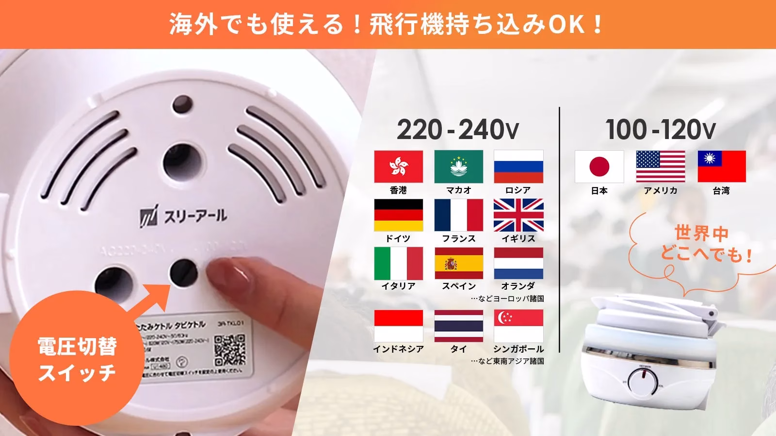 海外でも使えることをアピールした製品の画像。電圧切替スイッチと、対応する国の国旗が示されている。