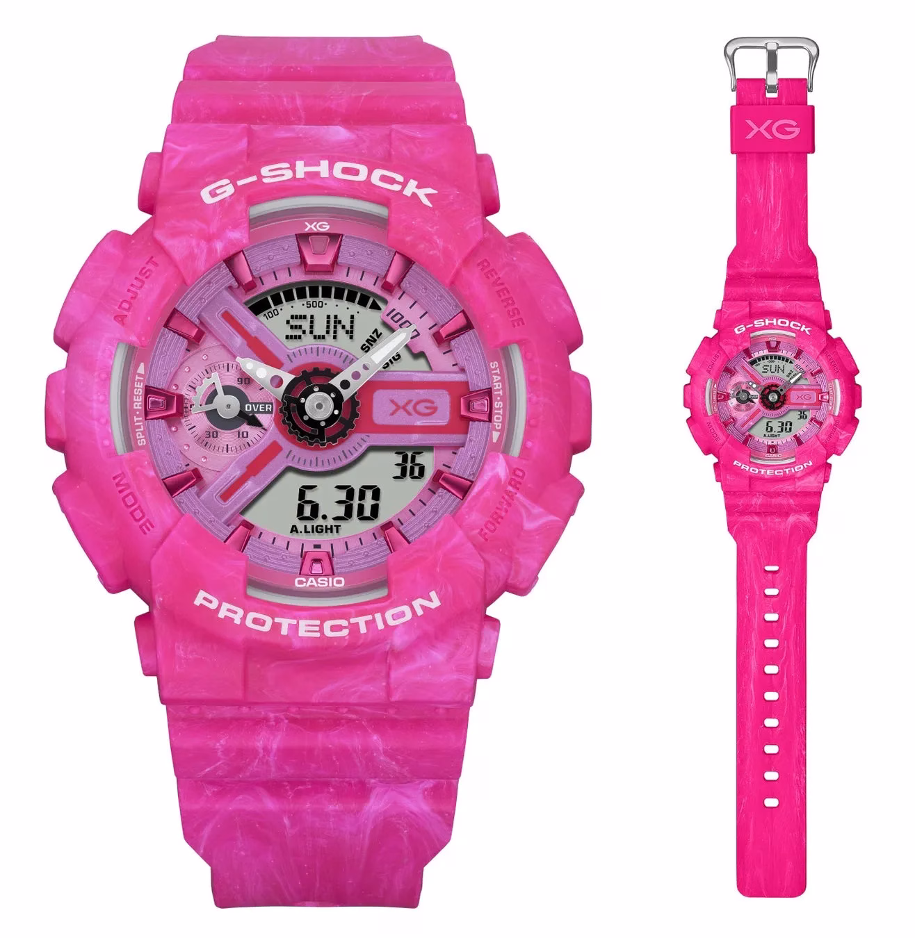 ピンク色のG-SHOCK腕時計、様々な角度から