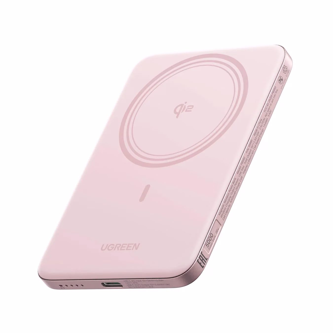 ピンク色のワイヤレス充電器。ブランド名はUgreenで、Qiマークと5000mAhの容量が記載されています。