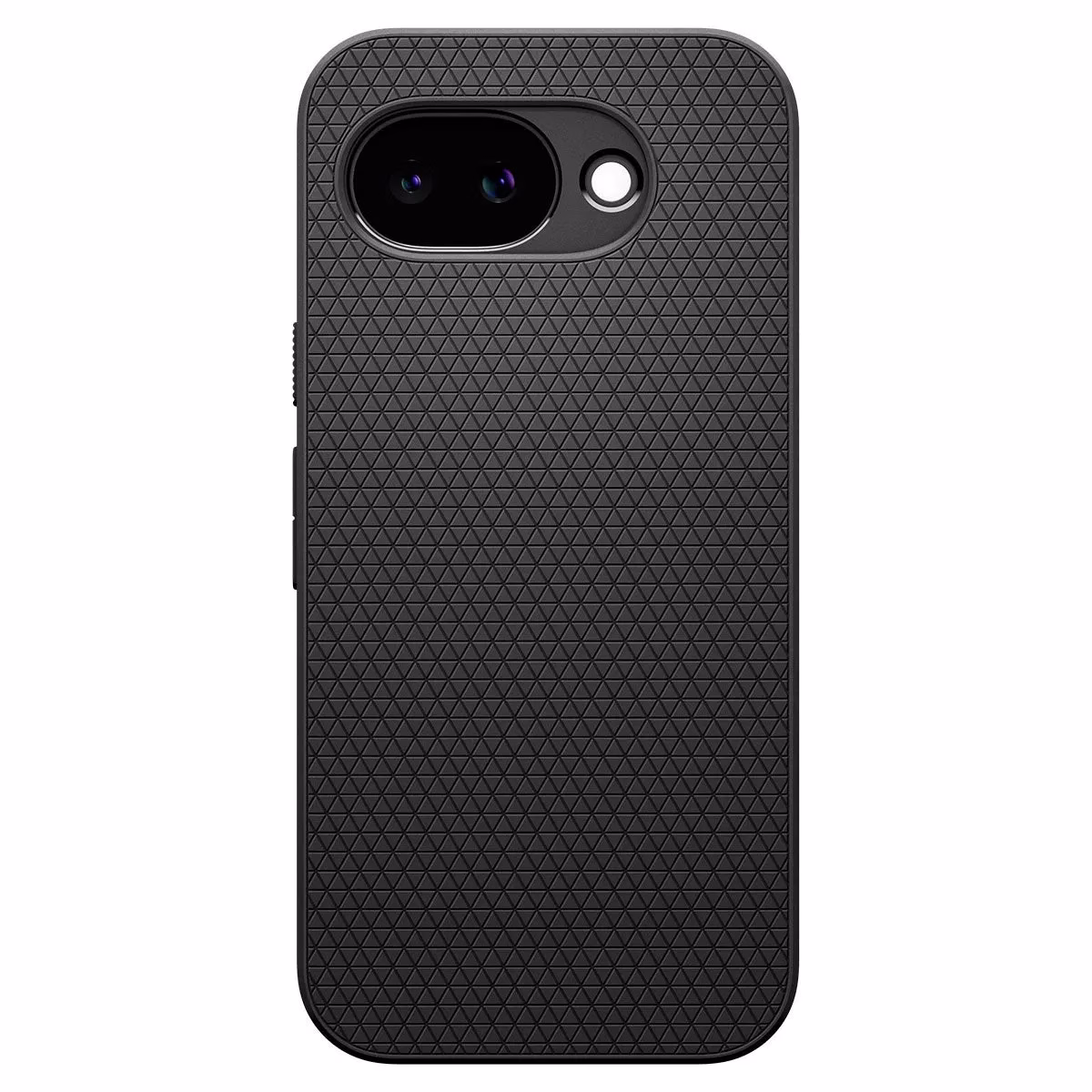 黒色のスマートフォンのケース。ケースの表面は小さな三角形で構成されたパターンで覆われており、レンズ部分の周りに穴がある。