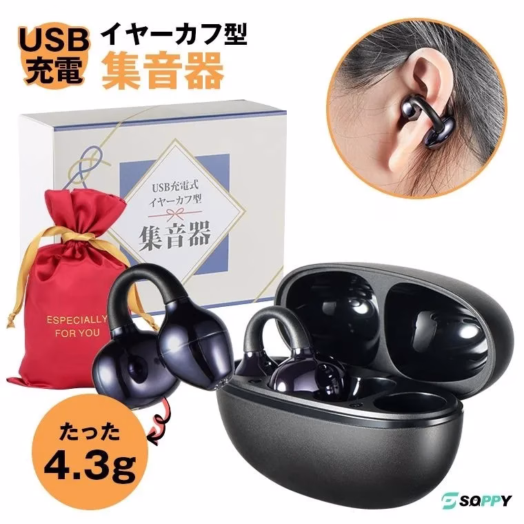 イヤホンと充電ケース、赤い巾着袋、4.3gの記載がある画像のコラージュ。