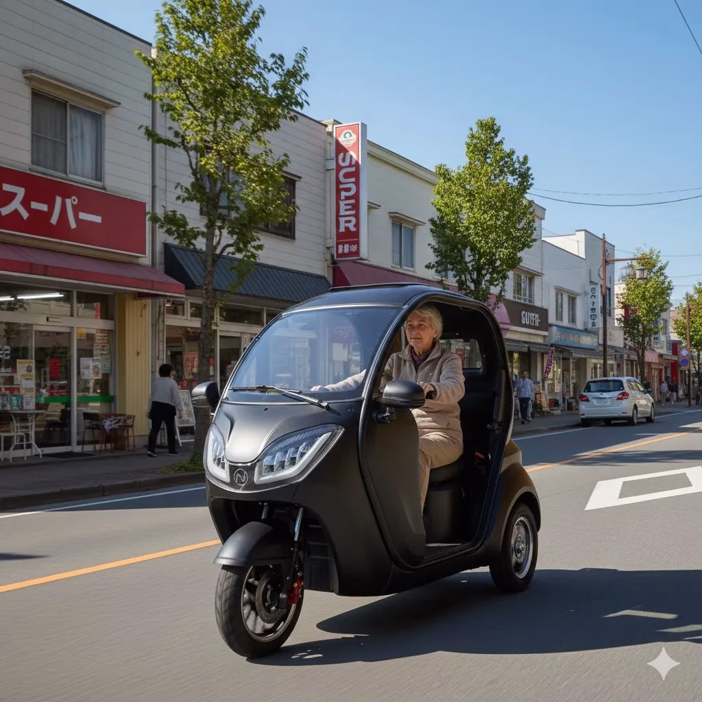 三輪の電動モビリティに乗った高齢女性が、日本の街並みを走行している様子。