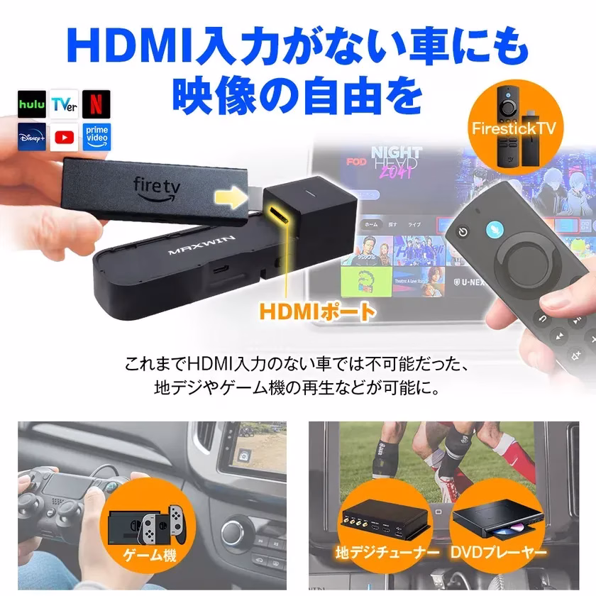 HDMI入力がない車にもゲーム機・DVDプレーヤー・地デジチューナーを接続し映像を楽しめる